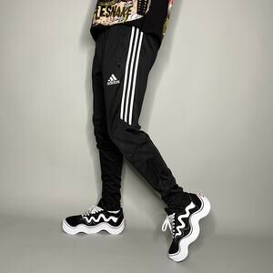 Vintage Y2K Adidas Sweatpants Mens M Jet Black Polyester Joggers White 3 Stripes
